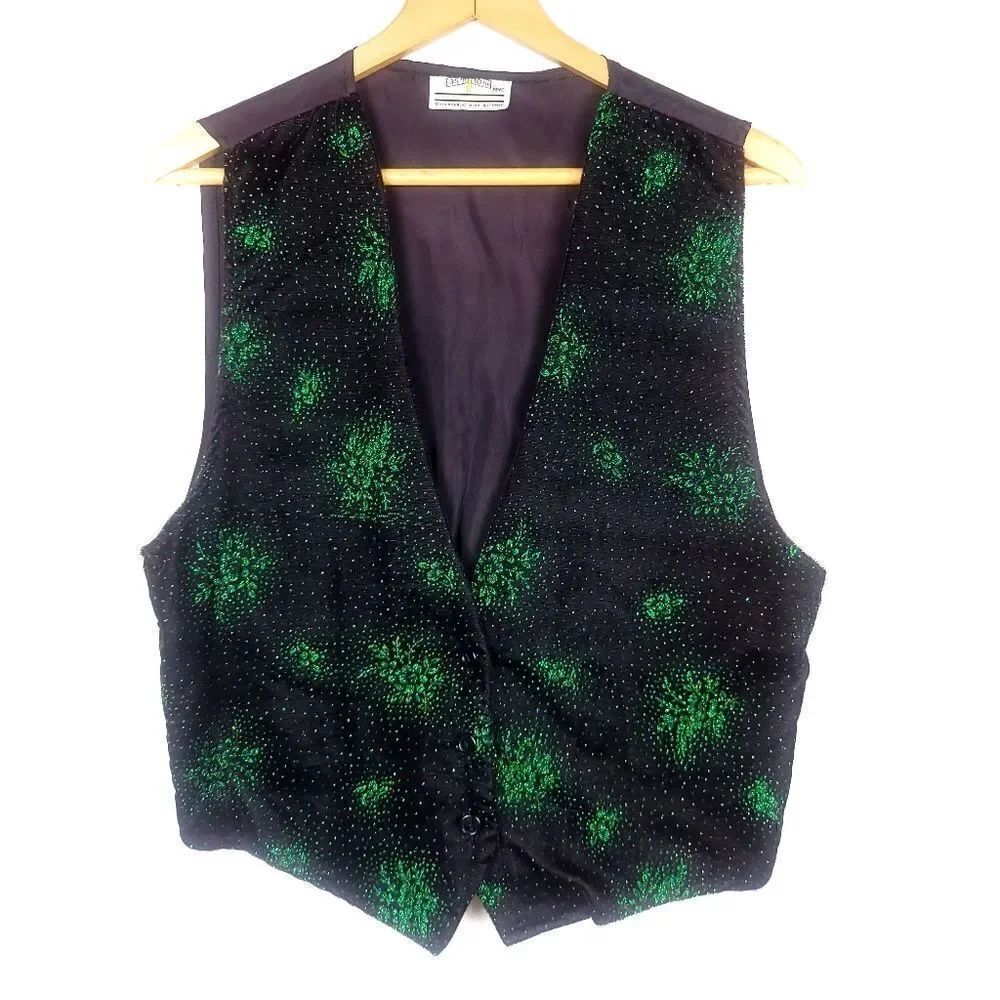 Vintage Unisex Black and Green Floral Glittery Vest Size Medium